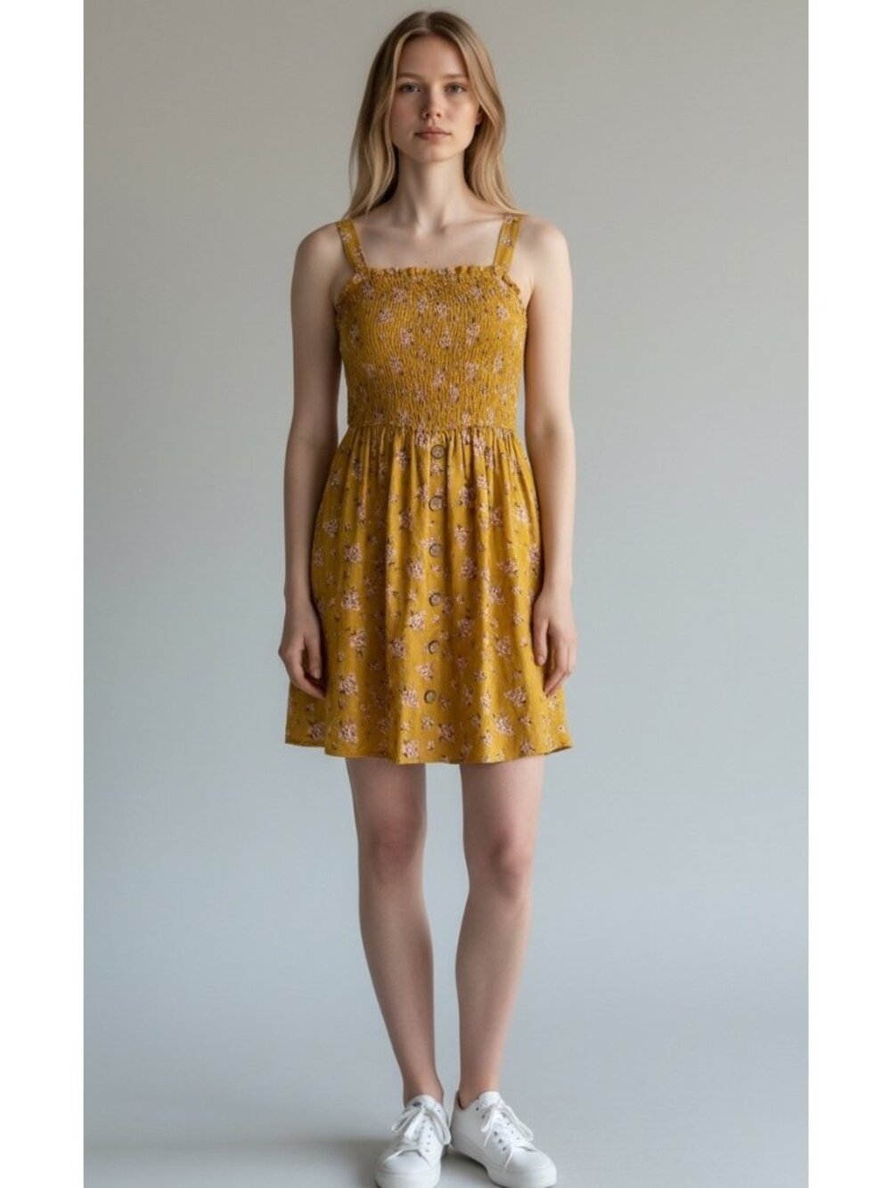 NEW Pink Rose Yellow Floral Smocked Dress With Button Front Size Large